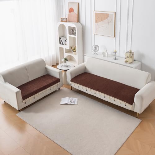 Image of HOKIPO 'Serenity Tassel' Chenille Sofa Cover 3 Seater and 2 Seater with Tassels | Chestnut Luke (IN-891 + IN-892 - BR)