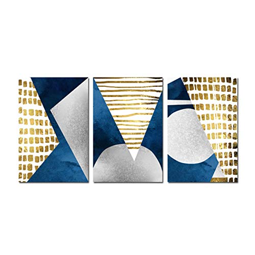 Art mural abstrait or bleu géométrique pour décoration maison triptyque