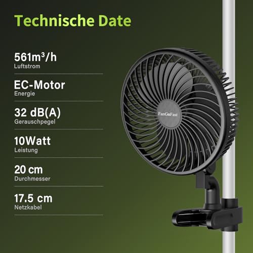 FanGoFast Grow Clip-Ventilator Oszillierend, EC Motor mit 10-Geschwindigkeiten, Grow Ventilator Klemmbar für Growzelt, 20cm Durchmesser, 10W, 561m³/h Luftstrom, 32 dBA - Perfekt Lüfter für Growbox