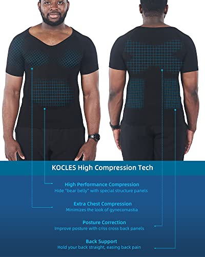Kocles Gynecomastia Compression Shirts For Men, Shapewear Slimming Body Shaper Undershirt, V-Neck Baselayer T-Shirt For Workout Sports, Fajas Para Hombres (Black, X-Large) #TOP2