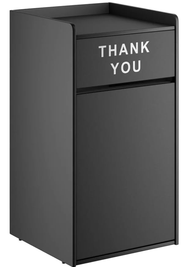 35 Gallon Black Waste Receptacle Enclosure with Swing Door, Thank You Commercial Trash Can