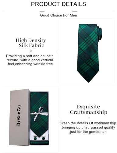 Image of DiBanGu Plaid Ties for Men Silk Checkered Necktie and Pocket Square Cufflinks Tie Clip Set with Gift Box for Wedding Business