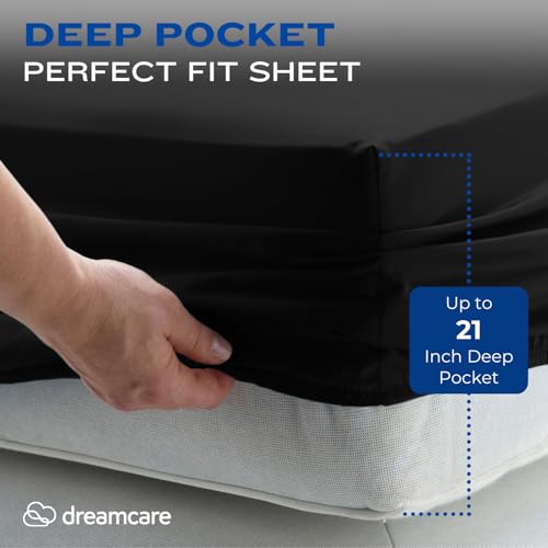 Image of DREAMCARE Queen Sheet Set - 4 pcs Breathable Cooling Sheets - up to 21 inch Extra Deep Pocket Queen Sheets Set with Side Pockets - Extra Soft 100% Brushed Hypoallergenic Hotel Luxury Bedding - Black