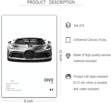 6Pcs Black & White Sports Car Posters Supercar Canvas Prints 8x12 Unframed - 1