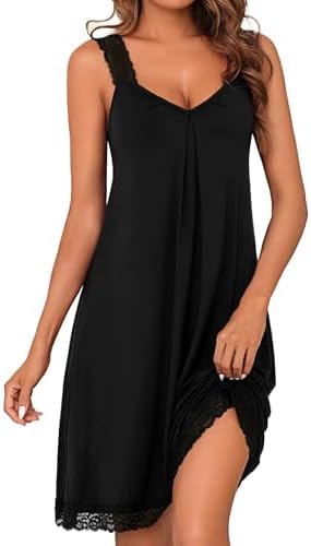 Uniexcosm Nachthemd Damen Ärmelloses Kurz Sexy Negligee Baumwolle Nachtkleid Spitze V-Ausschnitt Nachtwäsche Sleepshirt Soft Sleepwear