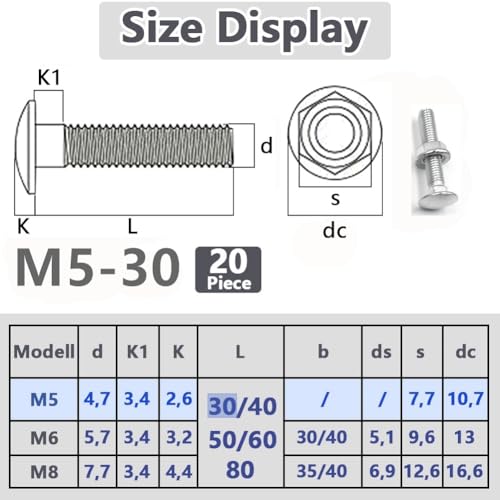 SHUNCHG M5 X 30mm Coach Bolts, Cup Square Carriage Bolt and Nut Pack of 20, M5 (5mm) X 30mm Coach Bolts with Hexagon Nuts - Image 2