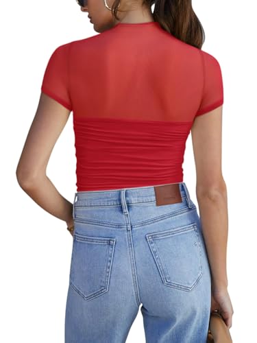 Image of REORIA Women's Sexy Mock Turtle Neck Short Sleeve Shirts Sheer Mesh Ruched Trendy Going Out Bodysuits Tops