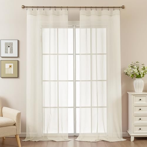 Image of Natural Sheer Curtains 108 Inches Extra Long, Privacy Semi Sheer Curtains for Living Room Bedroom, Light Filtering Rod Pocket Voile Window Drapes 2 Panels Set, Each 42 inch W x 108 inch L