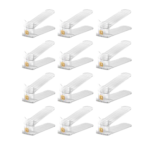 Pack of 12 Pcs Acrylic Shoe Slot Organiser Storage with Size 25.4x9.5x7cm- Adjustable 3-Level Height - Non-Slip Space Saver Shoe Storage Organiser- Shoe Stacker for All Shoe Styles (Clear)
