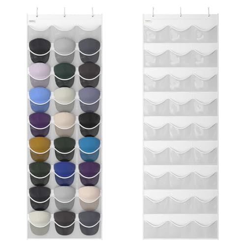 Unjumbly Baseball Hat Rack, 27 Pocket Over-The-Door Hat Organizer with Clear Deep Pockets to Display Baseball Caps Collection, Complete with 3 Over Door Hooks (White, 27 Pockets)