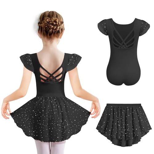 Arshiner Mädchen Schwarz Ballettkleid Kurzarm Baumwolle Ballettkleidung Elegant Tanzkleid Rückenfrei Balletttrikot Kinder Ballett Trikot mit Tütü Ballettanzug Tanztrikot 110/2-3 Jahre