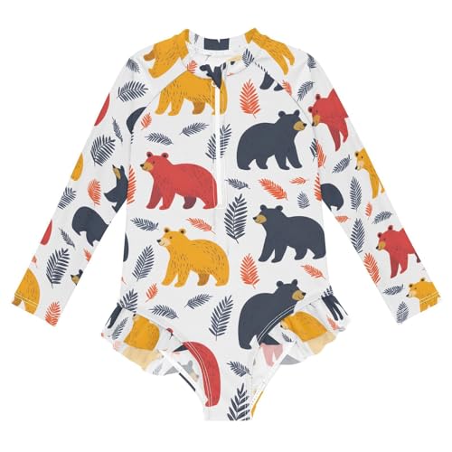 ALAZA Color Leaf Bear Girls One Piece Swimsuit Long Sleeve Rash Guard Swimsuits UV 50+ Swimwear Zipper