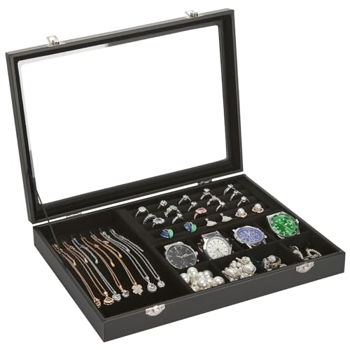 KUKUVR Velvet Jewelry Necklace Ring Earring Pendant Organizer Box, Ring Necklace Earring Pendant Display Storage Tray with transparent lid, Dustproof Jewelry Holder Box Showcase (Black)