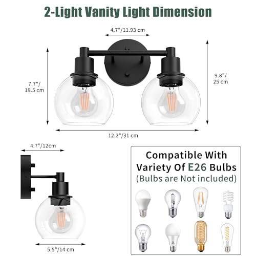 Image of 2 Light Bathroom Light Fixtures Black Vanity Lights, Farmhouse Bathroom Vanity Lights 2-Light Matte Black Globe Bathroom Vanity Lighting Fixture Over Mirror