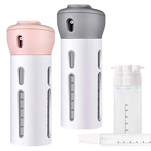 2 Pcs Travel Dispenser Bottle, 4-in-1Lotion Shampoo Gel Travel Dispenser Sets Leak-Proof Travel Toiletry Bottles Containers Refillable Travel Bottles (Grey, Pink)