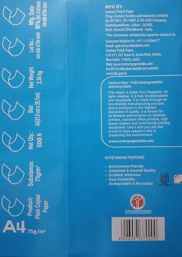 Image of Century PACKWELL Green A4 Size Sheet 70 GSM Blank (Unruled) White Copier Printer Xerox Multipurpose Paper in bulk - Pack of 5 Reams (5 x 500 Sheets)