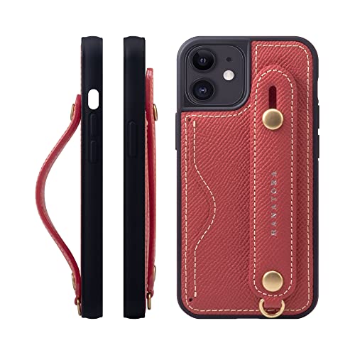 iPhone12 mini ケース 本革 グリップケース エンボスレザー ストラップ付属 片手操作 カードポケット スタンド機能 メンズ レディース レッド NCGH-12Mini-Red