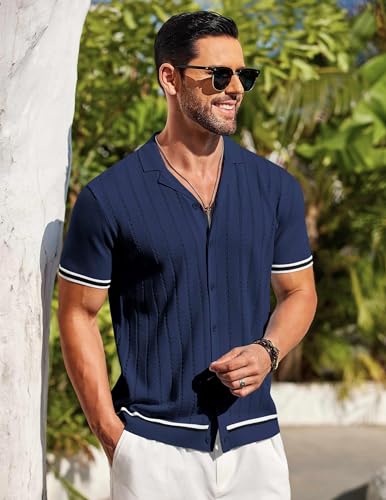 COOFANDY Men's Short Sleeve Knit Shirt Casual Button Down Shirt Vintage Striped Knitted Golf Beach Tops4
