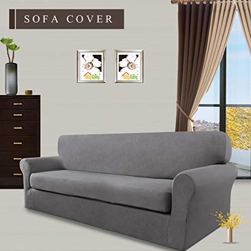 Easy-Going 2 Pieces Microfiber Stretch Sofa Slipcover – Spandex Soft Fitted Sofa Couch Cover, Washable Furniture Protector With Elastic Bottom Kids,Pet (Sofa, Light Gray) #TOP1