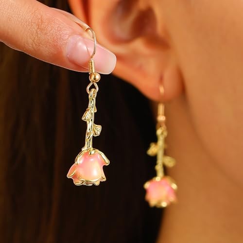 Gold Rose Earrings for Women - Vintage Dangle Flower Earrings for Valentine's Day - Enamel Drop Jewelry Costume Accessories2