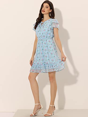 Image of Allegra K Women's Ruffle Sleeve Self-Tie V Neck Flowy Ruffled A-Line Floral Chiffon Dress