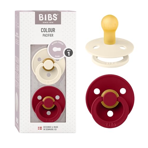 Image of BIBS Pacifiers Colour Collection | Natural Rubber Baby Pacifier | Set of 2 BPA-Free Soothers | Made in Denmark | 0+ Months (Pack of 2) | Ivory/Ruby