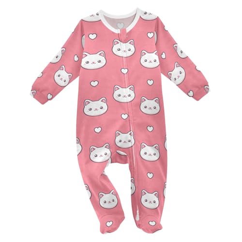 Dussdil White Cats Hearts Kitten Baby One-Piece Footies Kitty Newborn Rompers Pajamas Cotton Footed Pjs for Sleep Play Boys Girls 9 Month