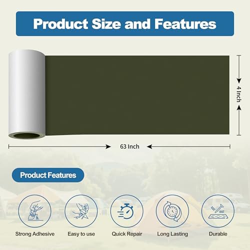 KING MOUNTAIN Self Adhesive Nylon Fabric Repair Tape, 4×63 Inches, Quick Down Jacket Repair Patch, Waterproof Outdoor Gear Patch Kit for Tent,Backpacks,Umbrella, Gloves, Sleeping Bag (Army Green - 1