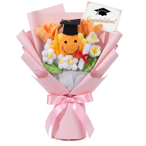 Dingion Graduation Flower Bouquet Gifts Class of 2026 Graduation Gift for Her Mortarboard Sunflower Handmade Crochet Flowers with Greeting Cards Graduates Keepsake(Pink)