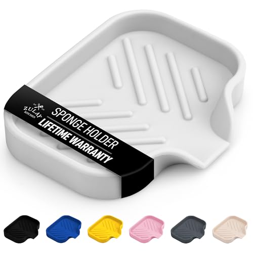 Zulay Kitchen Small Silicone Sponge Holder (4.9x3.3”) – Space-Saving Sink Organizer Tray for Sponge, Soap, Brush & More – Compact Non-Slip Dish for Kitchen & Bathroom (White)