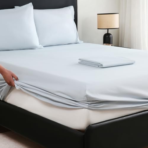 MEISHANG Extra Deep Pocket California King Sheets Cotton - 1000 Thread Count Sheets -Fits 18"-24" in Deep Mattress,100% Egyptian Cotton,Sateen Weave, Soft & Breathable - 4 Piece (Cal King, Light Blue)