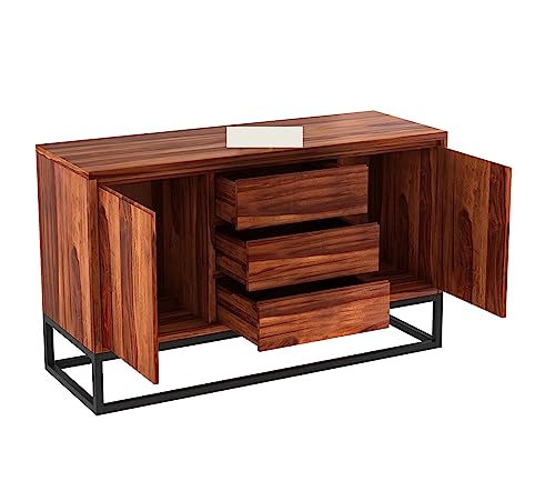 Image of Solid Sheesham Wood Wooden Sideboard Storage Cabinet : Ideal for Living Room and Bedroom with 3 Drawers and 2-Shelf Storage (Ray, Honey Finish)