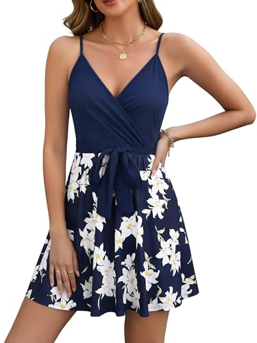 Image of ECOWISH Summer Dresses for Women 2026 V-Neck Spaghetti Strap Bowknot Backless Sleeveless Lace Mini Swing Skater Dress