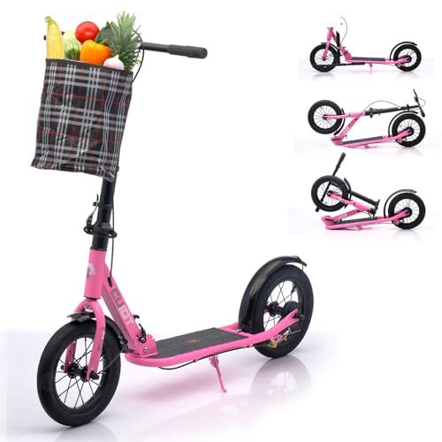 ZQHQKJ Adult Scooter for 11.4inch Big Wheels, Folding Commuter Kick Scooter for Kids & Adults & Teens, 4 Adjustable Heigh, Lightweight Sports Commuter Scooter with Kickstand, Adjustable Levels,Pink