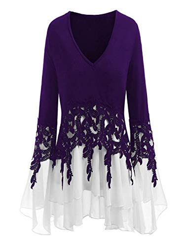 Women's Chiffon Trumpet Tops Sleeve Applique V-Neck Shirt Long-Sleeved Black