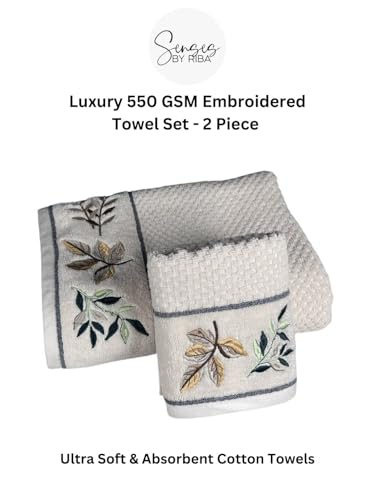 Image of SENSES By Riba Cotton Towel Set 550 GSM - Design 1, 2 Pcs| 1 Bath + 1 Hand Towels Combo | Super Soft, Absorbent, Lightweight, Antimicrobial, Low Linting, Ivory