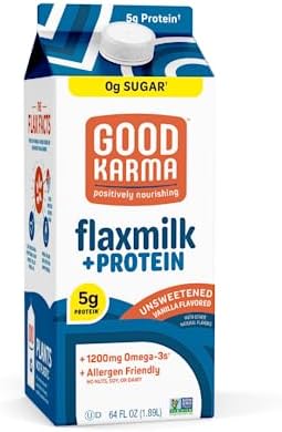 Good Karma Unsweetened Vanilla Flaxmilk +Protein, 64 Ounce, 5g Plant Protein + 1200mg Omega-3 Per Serving, Plant-Based Non-Dairy Milk Alternative, Lactose Free, Nut Free, Vegan