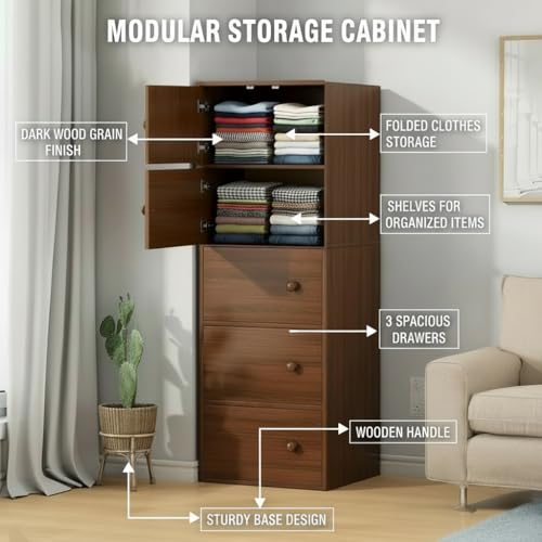 Image of EXVITO Engineered Wood Wardrobe for Bedroom | Foldable 5-Shelf Wooden Storage Cabinet | Cupboard Almirah for Clothes | Collapsible Wardrobe | Space Saving Wooden Cabinet - Walnut