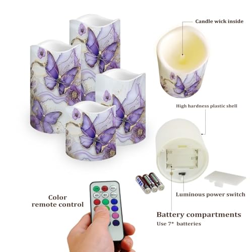 Image of Purple Butterfly LED Pillar Candles Bulk Set of 4 with Timer Remote Color Changing Electric Fake Candles for Home Decorations