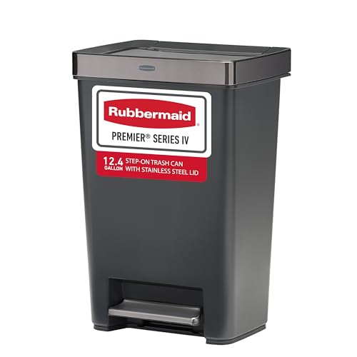 Rubbermaid Premier Series IV Step-On Trash Can for Home and Kitchen, 12.4 Gallon, Stainless Steel Lid Charcoal, for Home/Kitchen/Garage/Apartment/Office