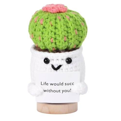 poraceous Cactus Positivo Uncinetto, 14 x 7 cm Cactus di Supporto Emotivo, Mini Bambola di Lana Fatta a Mano con Base, per Festa di Compleanno Regalo, Familiari Amici Regali