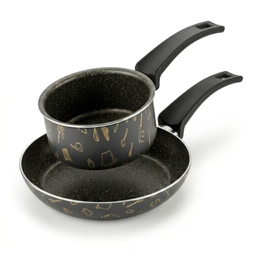 Master 2'li Ekonomik Set: 12 cm Sosluk & 20 cm Tava - Mutfak Desenli Gold Mastik Yanmaz Yapışmaz Set