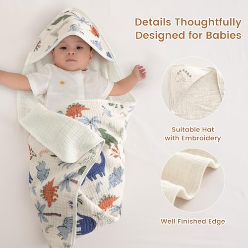 Image of david's kids 2 Pack Hooded Baby Towels, Large 32 inchx32 inch, 6 Layer 100% Muslin Cotton Highly Absorbent Boy Bath Towel for Newborn, Infant and Toddler, Soft and Breathable Baby Essentials, Dinosaur Story