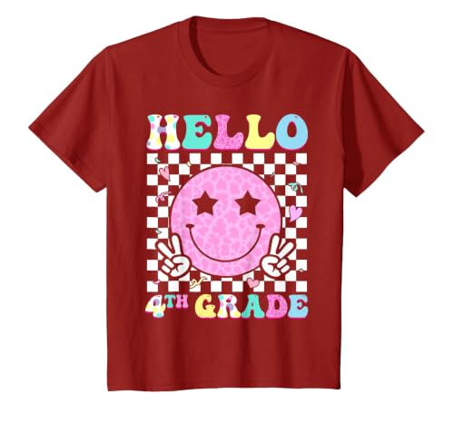 Hello 4th Grade Groovy Back to School Fourth Grade Girls Kid T-Shirt, Youth, Cranberry Red, Small