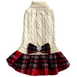 KYEESE Dog Sweater Dress with Leash Hole for Small Dogs with Bowtie Buffalo Check Red Turtleneck Dog Pullover Knitwear Puppy Sweater Beige