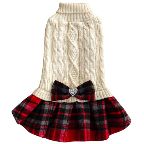 KYEESE Dog Sweater Dress with Leash Hole for Small Dogs with Bowtie Buffalo Check Red Turtleneck Dog Pullover Knitwear Puppy Sweater Beige