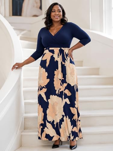 Image of Women's V Neck Floral Maxi Dress 3 /4 Sleeve Plus Size Boho Wrap Flowy Long Dresses with Belt