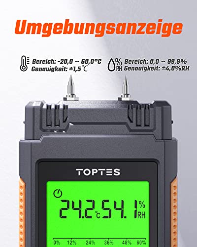 TopTes Feuchtigkeitsmessgerät, Feuchtigkeitsmesser für Wand und Holz TS-630, Großes LCD-Display Dreifarbiger Hintergrundbeleuchtung, 7 Kalibrierungsskalen Holzfeuchtemessgerät mit Batterien - Pin-Typ