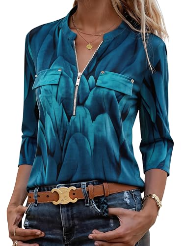 Image of Bulotus Womens 3 /4 Sleeve Tops Plus Size V Neck Zipper Business Casual Blouses for Office & Going Out Soft Knit Tunics, M-3XL