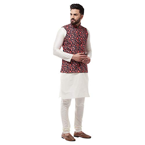 Image of SOJANYA (Since 1958, Men's Silk Blend Pink Kurta Pyjama & Printed Nehrujacket Combo